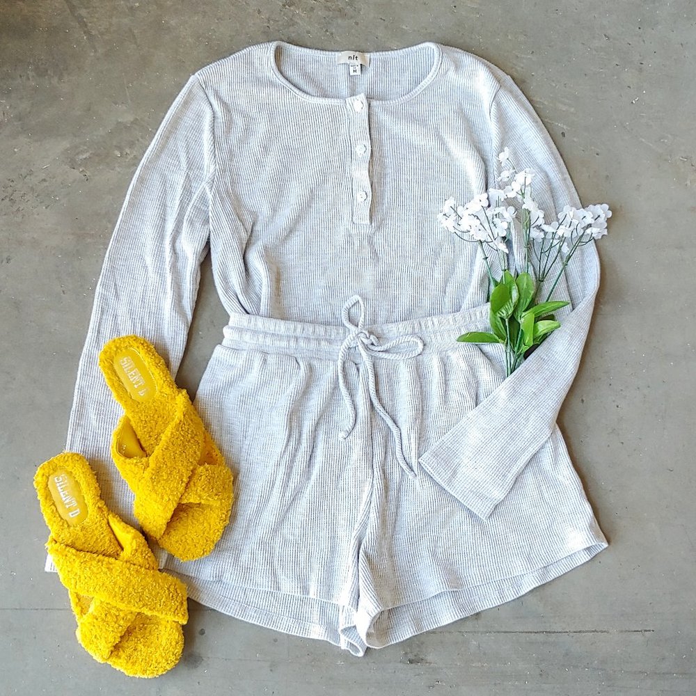 NLT Gray Waffle Knit Long Sleeve Shorts Lounge Set medium